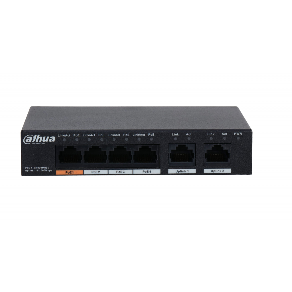 DAHUA PFS3006-4GT-60-V2, 4 Port, Gigabit, PoE 60W, 2 Port Uplink, Yönetilemez, Masaüstü Switch