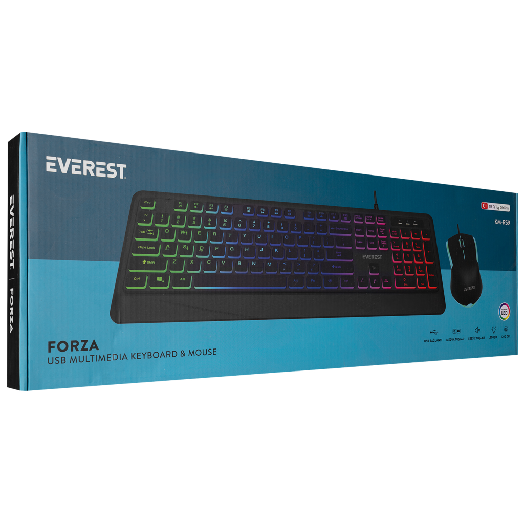 EVEREST KM-R59, FORZA, USB Kablolu, Türkçe Q, Rainbow Backlight, Memran Tuşlar, Gaming, Klavye Mouse Set