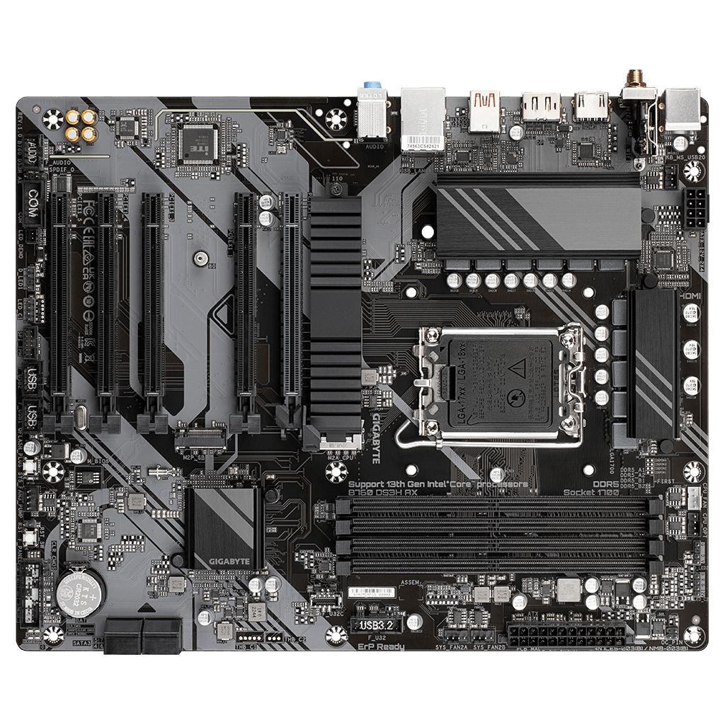 GIGABYTE B760 DS3H AX, rev.1.0, 4xDDR5, 2xM.2, DP, HDMI, Type-C, Wi-Fi 6E, Bluetooth v5.3, 12-13-14.Nesil, LGA1700 Soket, Anakart