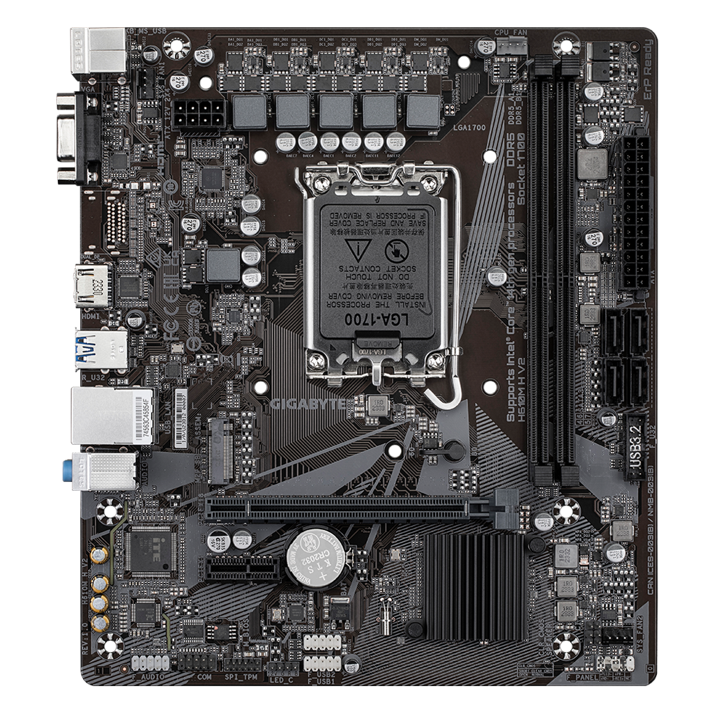 GIGABYTE H610M H V2, rev.1.0, 2xDDR5, M.2, D-SUB, HDMI, 12-13.14.Nesil, LGA1700 Soket, Anakart