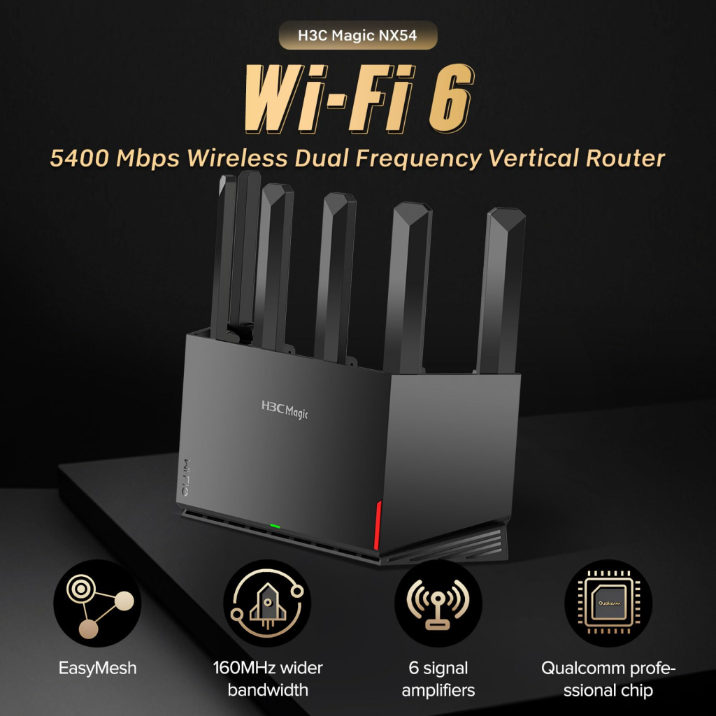 H3C Magic NX54, Dual Band, WiFi 6, 5400Mbps, 4Port GigaBit, 6ad Anten, Masaüstü, Router, Access Point