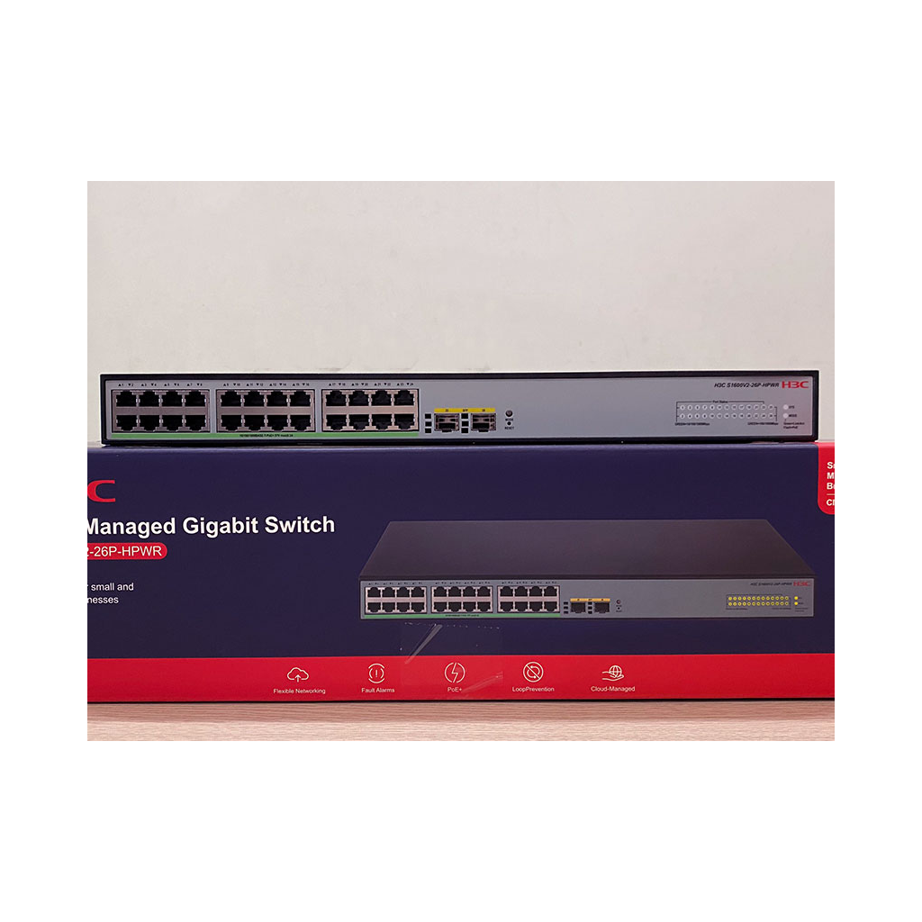 H3C S1600V2-26P-HPWR, 24 Port, GigaBit, PoE 370W, L2, 2 Port GigaBit SFP, Web Yönetilebilir, Masaüstü Switch