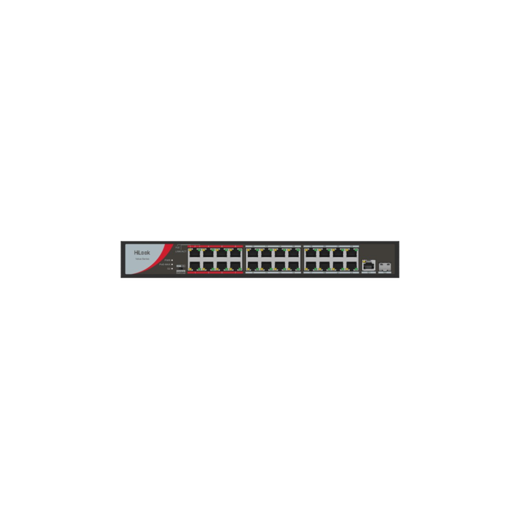 HILOOK NS-0326P-230(B), 24Port, Megabit, PoE 230W, 1 Port GigaBit Lan, 1 Port GigaBit SFP, Long Range 250Metre, Yönetilemez, Masaüstü Switch
