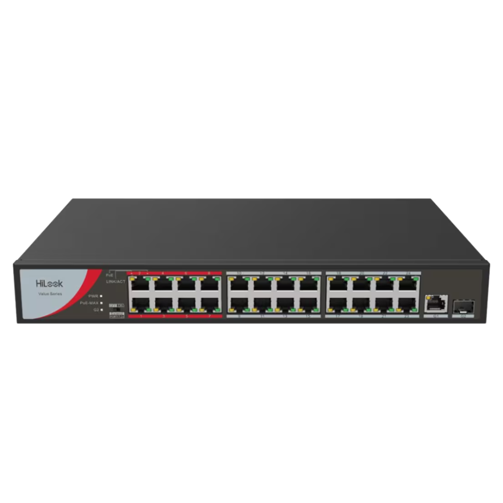 HILOOK NS-0326P-230(B), 24Port, Megabit, PoE 230W, 1 Port GigaBit Lan, 1 Port GigaBit SFP, Long Range 250Metre, Yönetilemez, Masaüstü Switch