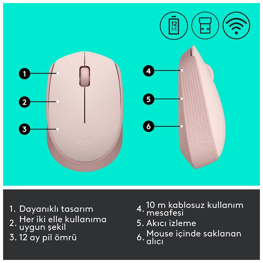 LOGITECH 910-006865, M171 Rose, USB Nano 2,4G Kablosuz, 1000dpi, Optik, 3 Tuşlu, 12ay Pil Ömrü, Mouse