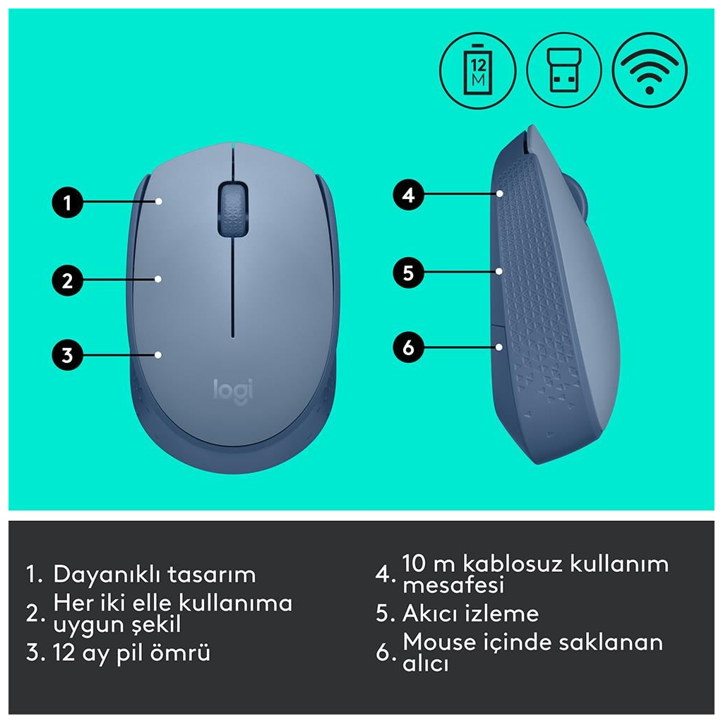 LOGITECH 910-006866, M171 BlueGrey, USB Nano 2,4G Kablosuz, 1000dpi, Optik, 3 Tuşlu, 12ay Pil Ömrü, Mouse