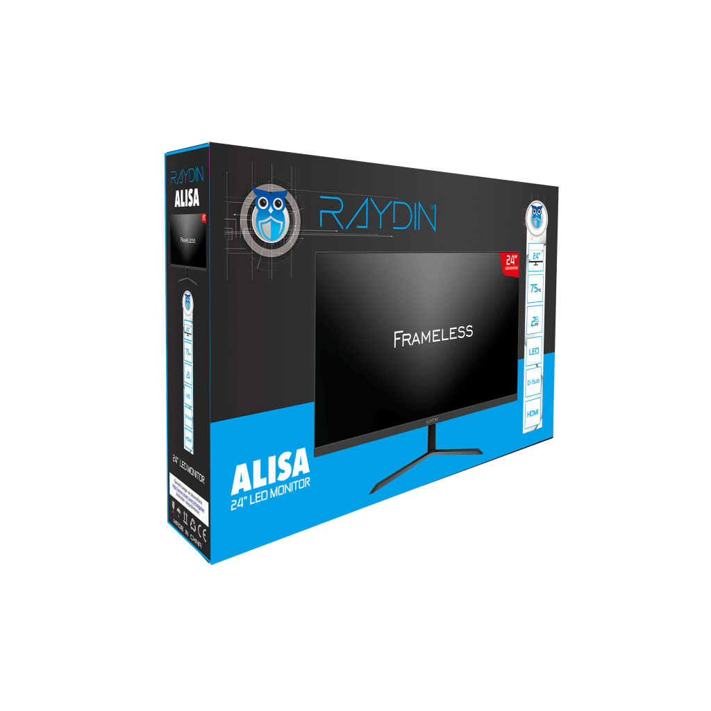 RAYDIN ALISA, 24", 2ms, 75Hz, Full HD, D-Sub, HDMI, Frameless, VA LED Monitör (Siyah)