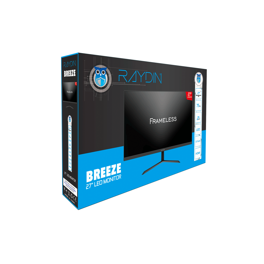 RAYDIN BREEZE, 27", 2ms, 75Hz, Full HD, D-Sub, HDMI, Frameless, VA LED Monitör (Siyah)