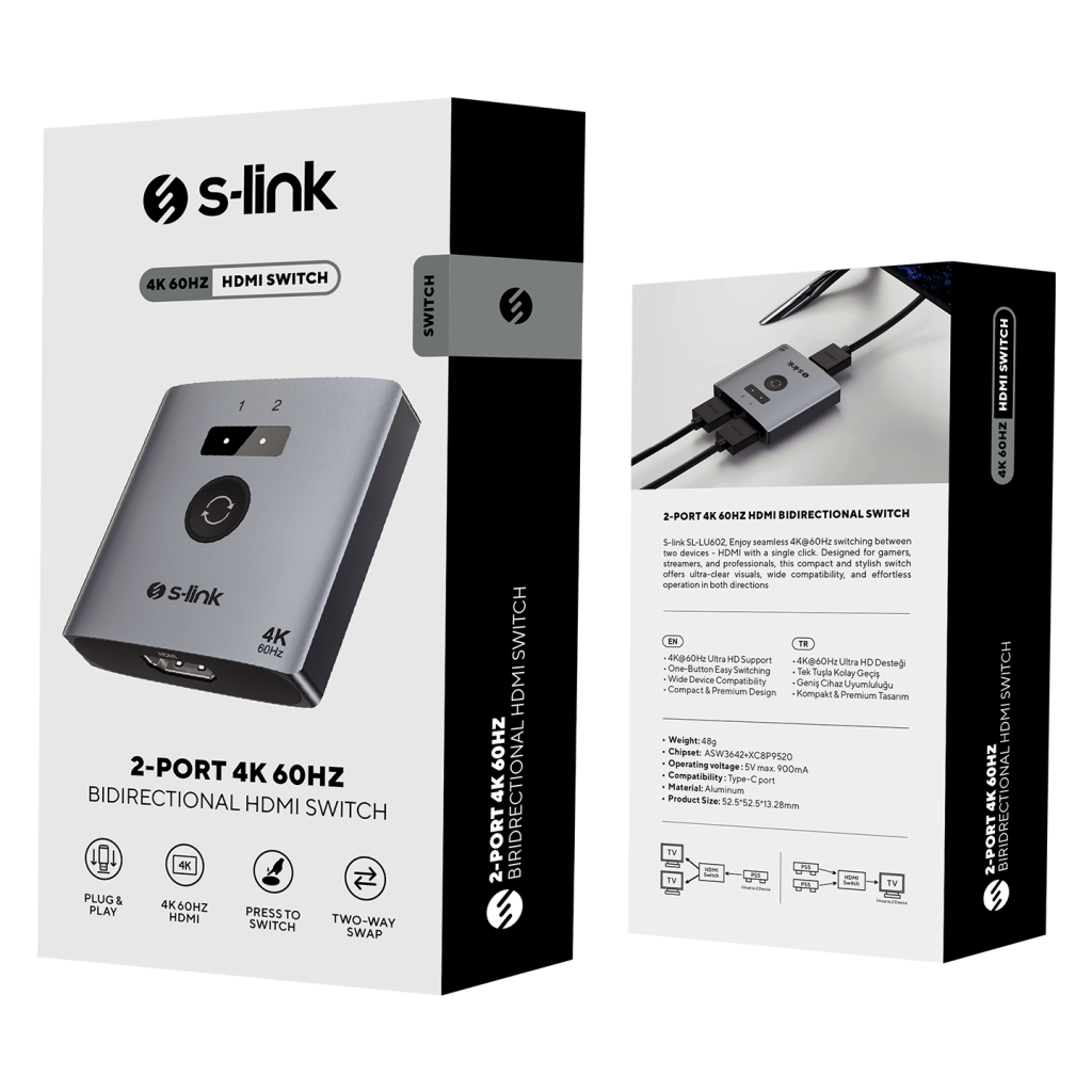 S-LINK SL-LU602, 2xHDMI, 4K, 60Hz, Monitör Çoklayıcı (1PC-2Monitör veya 2PC- 1Monitör) Çift Yönlü Switch