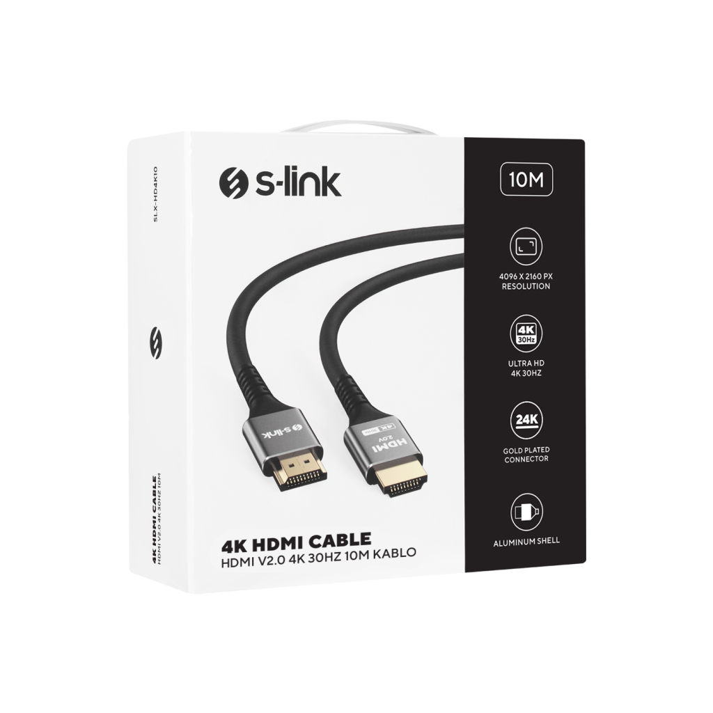 S-LINK SLX-HD4K10, 4K UHD, HDMI v2.0, 10mt. 30Hz. Metal Uçlu, Kablo