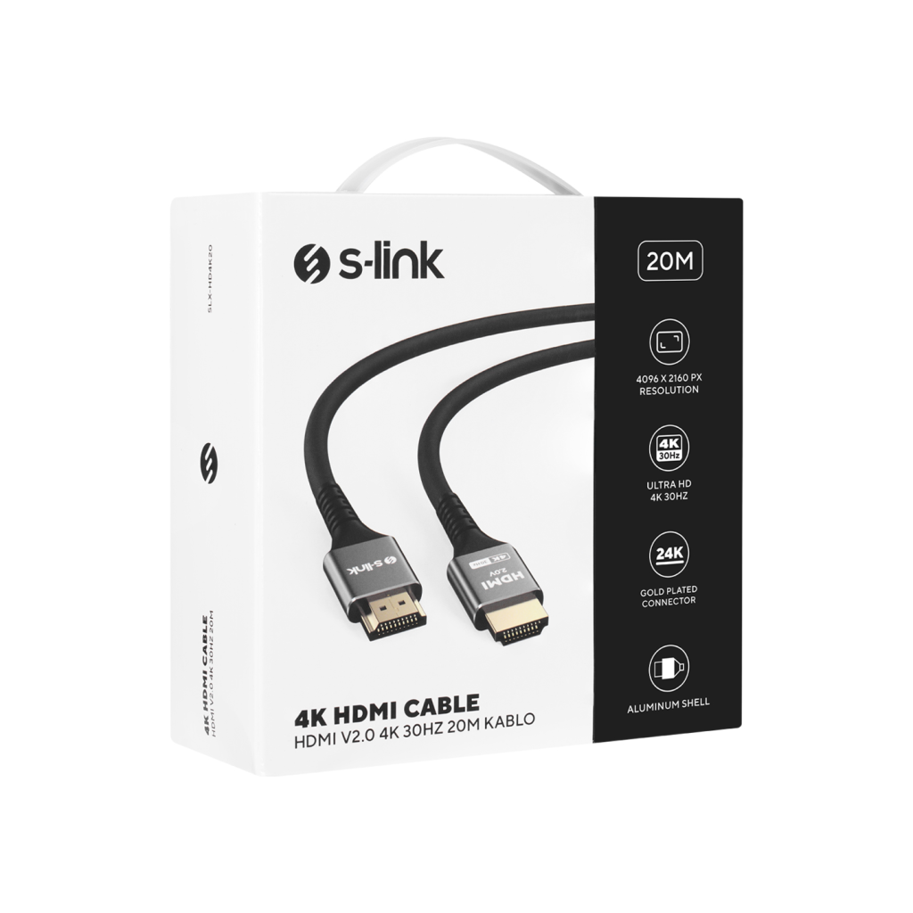 S-LINK SLX-HD4K20, 4K UHD, HDMI v2.0, 20mt. 30Hz. Metal Uçlu, Kablo