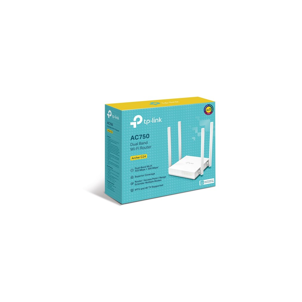TP-LINK ARCHER C24, AC750, 4Port, 750Mbps, Dual Band WiFi, Masaüstü, Megabit, Router, Access Point, Range Extender