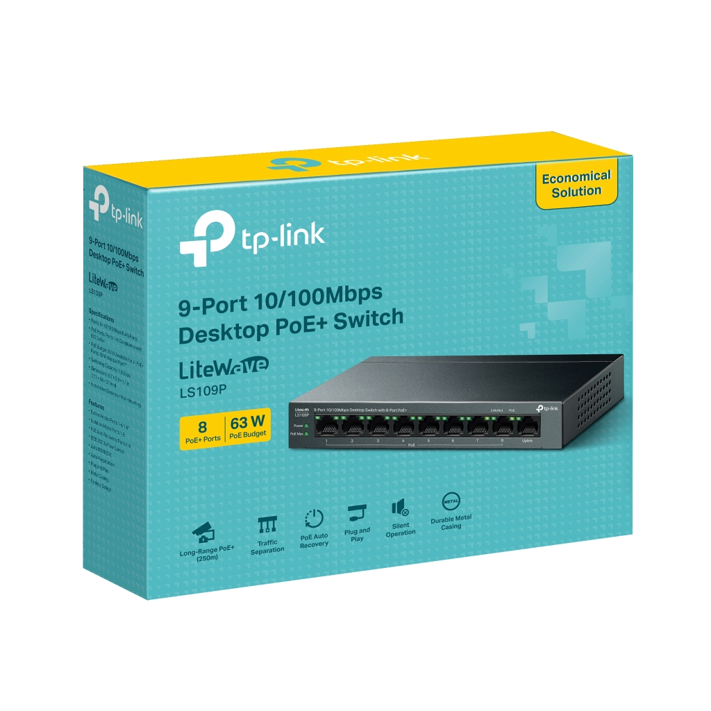 TP-LINK LS109P, Green Tech, 8 Port MegaBit, POE 63W, 1 Port Uplink, Long Range 250Mt, Yönetilemez, Metal Kasalı Switch