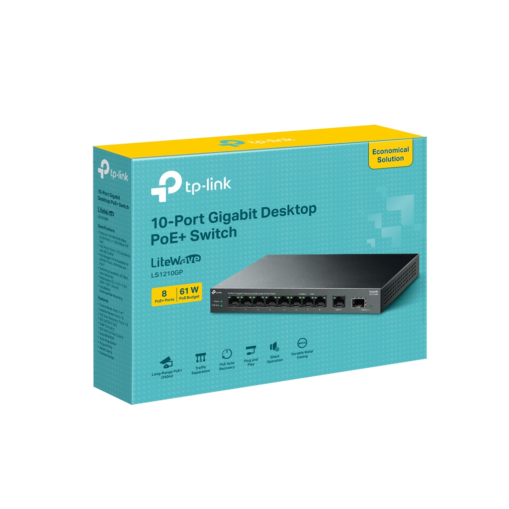 TP-LINK LS1210GP, Green Tech, 8 Port Gigabit, PoE 61W, 1 Port Gigabit Uplink, 1 Port Gigabit SFP, Yönetilemez Masaüstü Switch